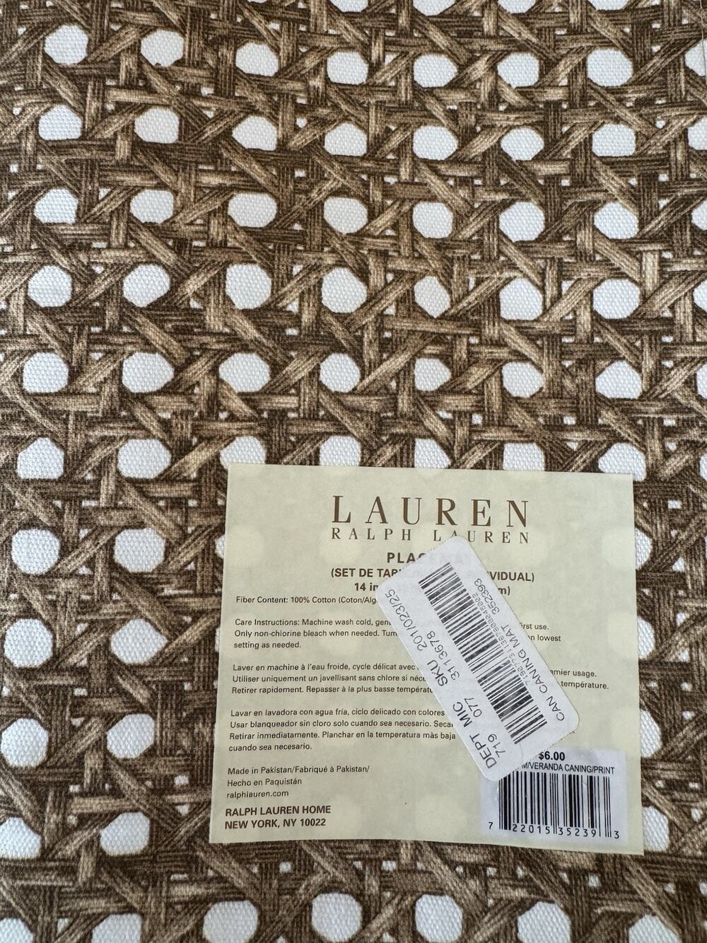 Vintage Ralph Lauren Home 14pc Placemat Napkins Set Veranda Caning Print Rare